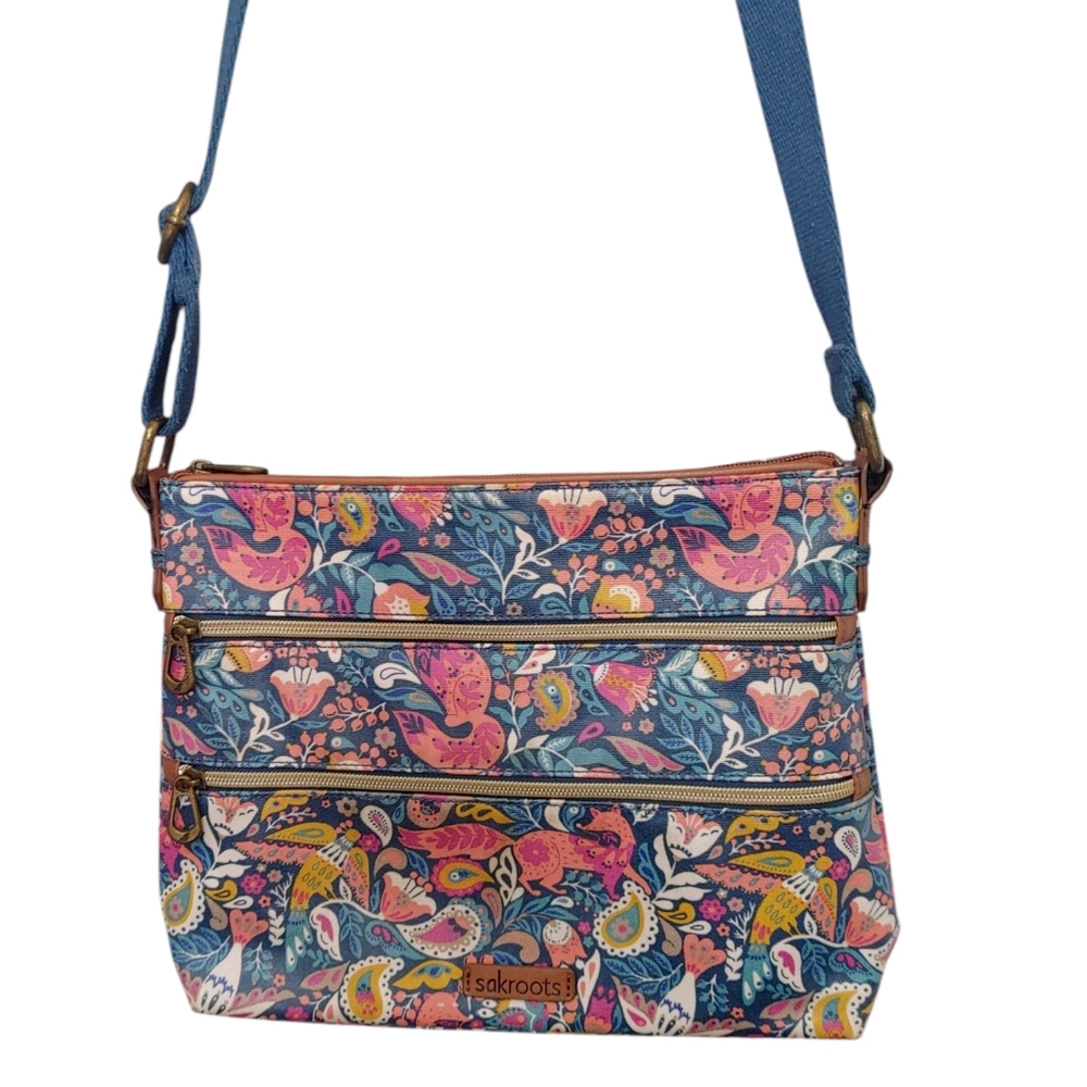 Sakroots Blue Colorful Woodland Animal Pattern Leather Crossbody Bag Handbag